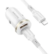 Borofone BZ22, Szivargyújtós töltő, PD 30W QC 1x USB-A + 1x USB-C + Type-C - Lightning kábel, fehér (GYORS TÖLTÉS)