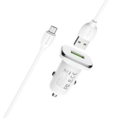 USB 3A QC3 18W, Szivargyújtós töltő, Borofone BZ12A + microUSB kábel, fehér