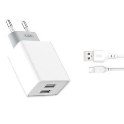 USB XO L65 2XUSB 2,4A, Hálózati gyorstöltő (+Micro USB kábel), fehér