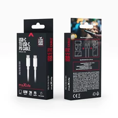 Maxlife MXUC-05, USB kábel, USB-C - USB-C, (2 méter 60W), fehér (Gyorstöltő)