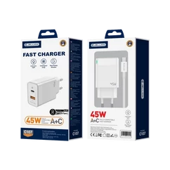 JELLICO C107 PD GAN 45W 1x USB-C + 1x USB-QC3.0 Hálózati gyorstöltő (+TYPE-C-TYPE-C kábel), fehér