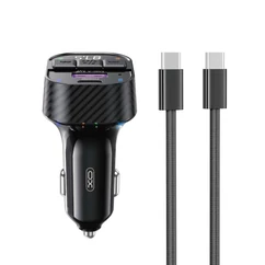 XO FM BCC17 FM Transmitter, 3A, 30W + USB-C - USB-C kábel, Bluetooth, Kihangosító, Szivargyújtós töltő (autós mp3 lejátszó), fekete