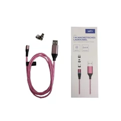 Setty USB kábel, Mágneses USB Type-C, Micro-USB és Lightning mágneses adapterek a készletben, (1 méter 2,4A Ledes), rózsaszín