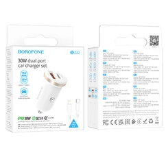 Borofone, Szivargyújtós töltő, PD 30W QC 1x USB-A + 1x USB-C + USB - Lightning kábel, fehér (GYORS TÖLTÉS)