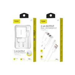 FONENG EU45 2XUSB-A 2,4A, 12W Hálózati töltő (+Lightning kábel), fehér