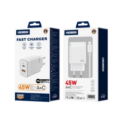 JELLICO C107,  1x USB-C + 1x USB-A GAN PD QC 3.0  45W Hálózati gyorstöltő ( +Type-C - Lightning  kábel), fehér