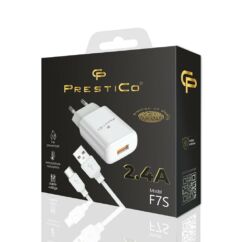 Prestico F7S Hálózati töltő, 2,4A,  (+Type-C - USB kábel), fehér