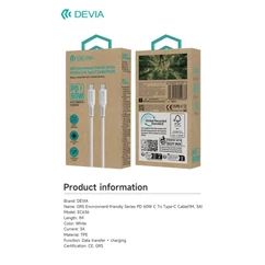 DEVIA EC636, USB kábel, USB-C - USB-C, (1 méter 3A 60W PD), fehér (Gyorstöltő)
