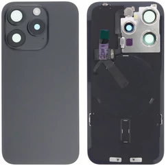 Apple iPhone 15 Pro, Akkufedél, kamera lencsével, mágneses gyűrűvel, vezeték nélküli töltőchippel és vakuval, szerelt, fekete, black titanium