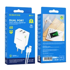 Borofone BN15 2XUSB-A 10W, 2,1A, Hálózati töltő (+Micro USB kábel), fehér