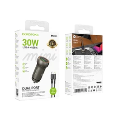 Borofone BZ32A, Szivargyújtós töltő, PD 30W QC 3.0 1x USB-A + 1x USB-C + Type-C - Lightning kábel, szürke (GYORS TÖLTÉS)