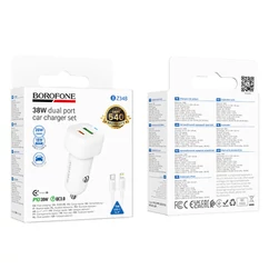Borofone BZ34B, Szivargyújtós töltő, PD 38W QC 3.0 1x USB-A + 1x USB-C + 1x USB-C + Type-C - Lightning kábel, fehér (GYORS TÖLTÉS)