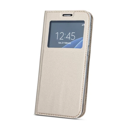 Samsung J610 Galaxy J6+ 2018, Oldalra nyíló flip tok, Ablakos, arany