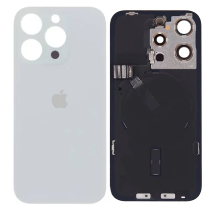 Apple iPhone 16 Pro, Akkufedél, kamera lencsével, mágneses gyűrűvel, vezeték nélküli töltőchippel és vakuval, szerelt, fehér, White Titanium