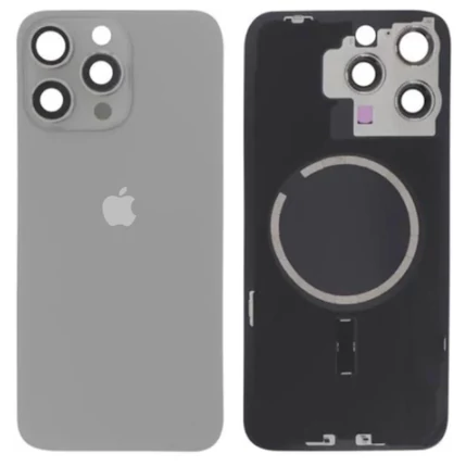 Apple iPhone 16 Pro, Akkufedél, kamera lencsével, mágneses gyűrűvel, vezeték nélküli töltőchippel és vakuval, szerelt, szürke, Natural Titanium