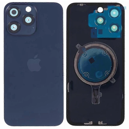 Apple iPhone 15 Pro Max, Akkufedél, kamera lencsével, mágneses gyűrűvel, vezeték nélküli töltőchippel és vakuval, szerelt, kék, blue titanium
