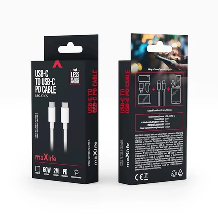 Maxlife MXUC-05, USB kábel, USB-C - USB-C, (2 méter 60W), fehér (Gyorstöltő)
