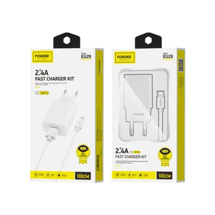 FONENG EU28 1XUSB-A  2,4A, Hálózati gyorstöltő (+Lightning USB kábel), fehér