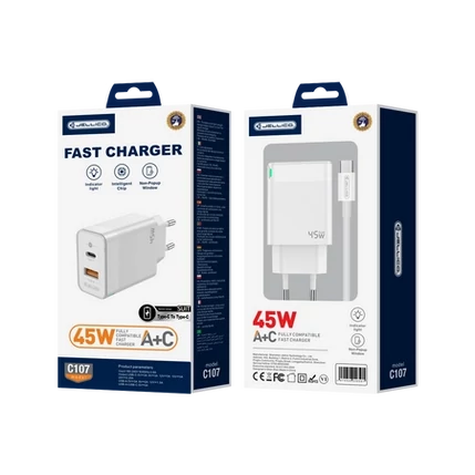 JELLICO C107 PD GAN 45W 1x USB-C + 1x USB-QC3.0 Hálózati gyorstöltő (+TYPE-C-TYPE-C kábel), fehér
