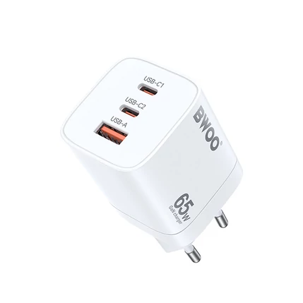 BWOO CDA147 PD+ QC 3.0 65W 1XUSB-A + 2XUSB-C, Hálózati gyorstöltő, fehér
