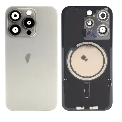 Apple iPhone 16 Pro, Akkufedél, kamera lencsével, mágneses gyűrűvel, fémlemezzel, szürke, Natural Titanium (OEM)