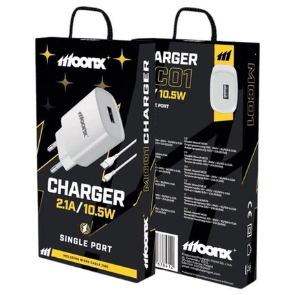 MOONX MC01 1XUSB-A 10.5W 2,1A  Hálózati töltő (+1 méter micro USB kábel), fehér