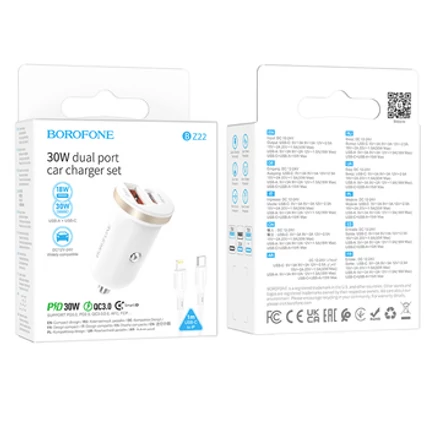 Borofone BZ22, Szivargyújtós töltő, PD 30W QC 1x USB-A + 1x USB-C + Type-C - Lightning kábel, fehér (GYORS TÖLTÉS)