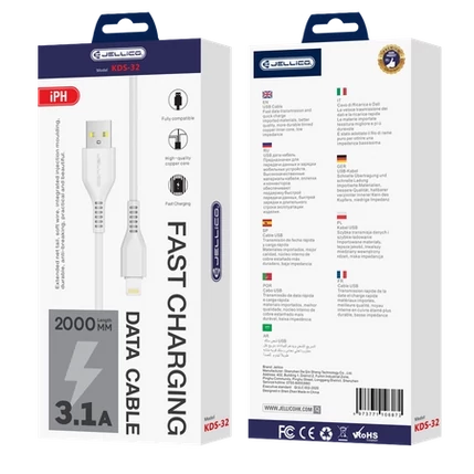 JELLICO KDS-32 - USB - Lightning, USB kábel (2 méter 3,1A), fehér (Fast Charge - Gyors Töltés)