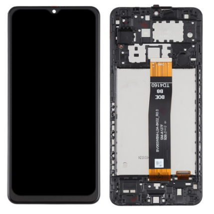 Samsung A127F Galaxy A12 Nacho/A12s, LCD kijelző érintőplexivel és előlap kerettel, fekete (fekete átvezető fóliával)