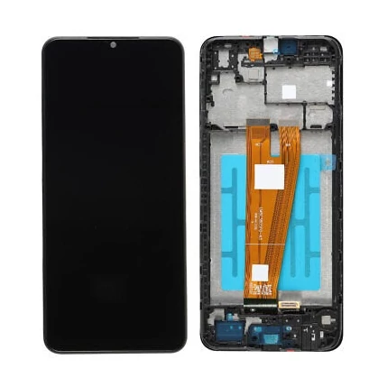 Samsung A045 Galaxy A04, LCD kijelző érintőplexivel és előlap kerettel, fekete Gyári 