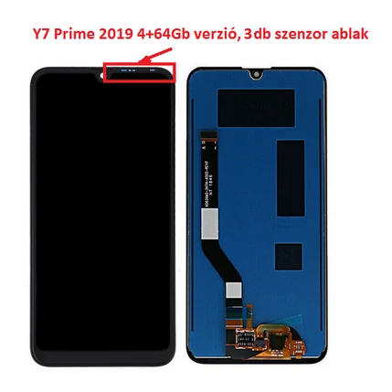 Huawei Y7 2019/Y7 Pro 2019/Y7 Prime 2019/Enjoy 9, LCD kijelző érintőplexivel, fekete (3db szenzor ablak) (GYÁRI)