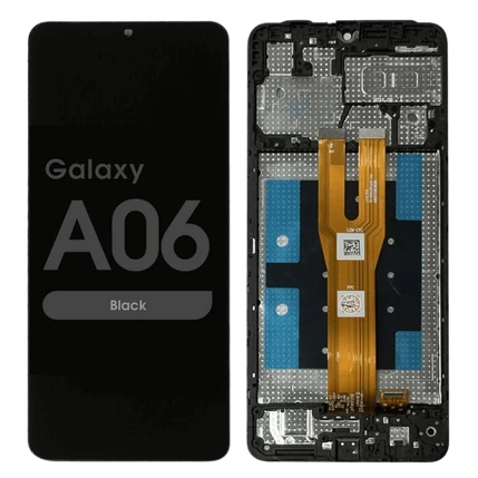 Samsung A065 Galaxy A06, LCD kijelző érintőplexivel és előlap kerettel, fekete (GYÁRI)