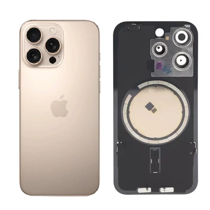 Apple iPhone 16 Pro Max, Akkufedél, kamera lencsével, mágneses gyűrűvel, fémlemezzel, Desert Titánium (OEM)