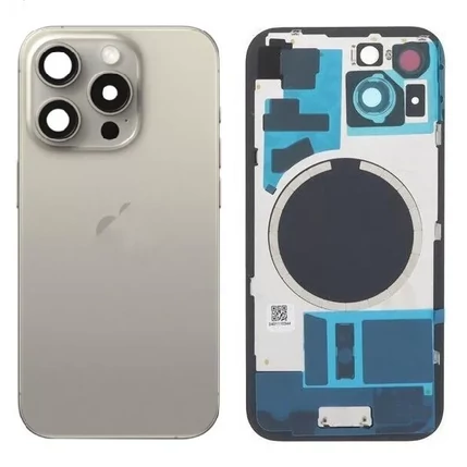 Apple iPhone 15 Pro, Akkufedél, kamera lencsével, mágneses gyűrűvel, fémlemezzel, natúr titán (OEM)