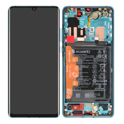 Huawei P30 Pro, LCD kijelző érintőplexivel és előlapkerettel, akkumulátor (02355MUM, 02355UNA), kék, Aurora Blue (GYÁRI) (SERVICE PACK)