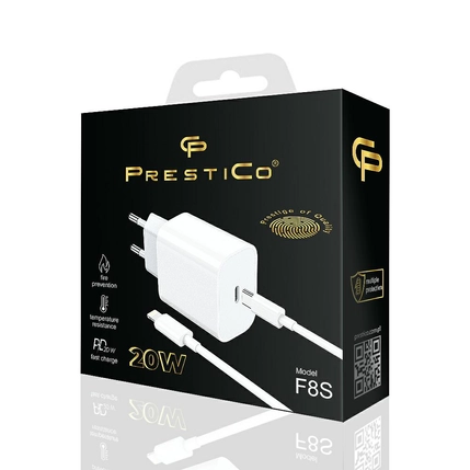 Prestico F8S-L 1XUSB-C Hálózati gyorstöltő 20W,( +Type-C- Lightning kábel), fehér