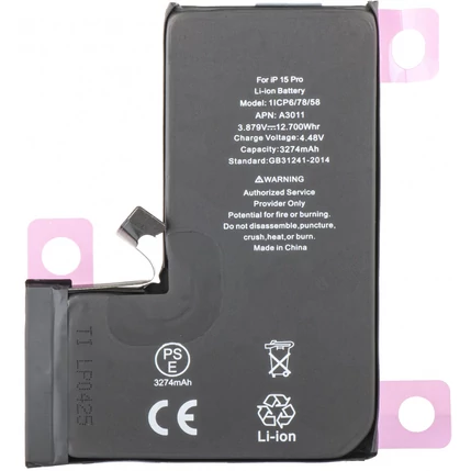 Apple A3102 iPhone 15 Pro 3274mAh, Akkumulátor + ragasztó (OEM) Li-Ion (Nincs felugró ablak,100%-os állapot) (Diagnosztizálható)