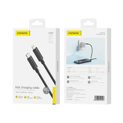 Foneng XS07 USB kábel, USB-C - Lightning, (1,2méter 27W), fekete (Gyorstöltő)