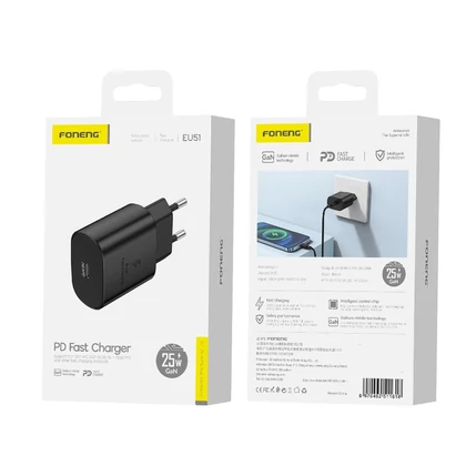 FONENG EU51 1XUSB-C GAN PD 3A 25W, Hálózati gyorstöltő, fekete