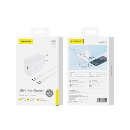 Foneng EU62, 1XUSB-C GAN PD 45W Hálózati gyorstöltő (+TypeC - TypeC kábel), fehér