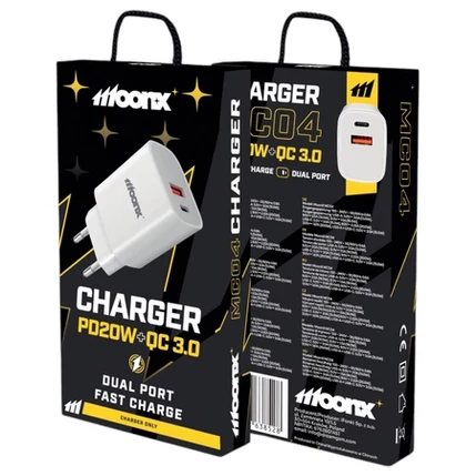 MOONX MC04  1XUSB-A + 1XUSB-C  PD  20W QC 3,0 Hálózati gyorstöltő, fehér