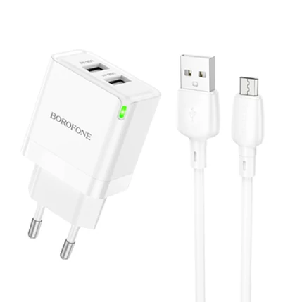 Borofone BN15 2XUSB-A 10W, 2,1A, Hálózati töltő (+Micro USB kábel), fehér